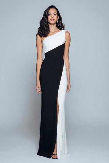 Robe longue formelle noire et blanche à une épaule